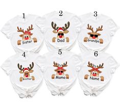 Personalized Matching Christmas Reindeer Shirts, Holiday Season Family Tees, Cute Custom Name Reindeer Graphic Tees, Reindeer Family mom dad  How To Order 🛒 1. 📸 Review all the photos. 2. 📏 Select your t-shirt size and color.    - Note: Different shirt styles may have slight color variations due to different manufacturers. For matching colors, choose shirts from the same style (e.g., Unisex, V-necks, Toddler). 3. ➕ Click "Add to Cart." You can return to add more shirts. 4. 🛍️ Click "Proceed to Checkout." 5. 📝 At checkout, you can add a note to the seller for any special requests. --- Unisex Shirts 👕👫 - **Fit Like a well-loved favorite with a crew neck and short sleeves. - **Material Superior airlume combed and ring-spun cotton, perfect for printing. - **Features Side-seamed, retail Reindeer Shirt, Personalized Matches, Family Tees, Matching Colors, Family Mom, Shirt Styles, Christmas Reindeer, Unisex Shirts, Mom Dad