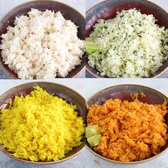 four bowls filled with different types of rice