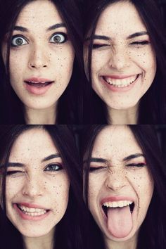 four different pictures of a woman making funny faces