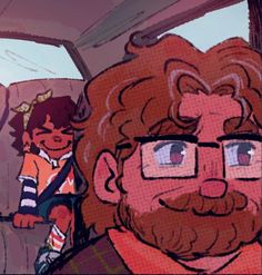 a man with glasses and a beard sitting in a car next to another man who is looking out the window