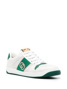 Gucci Screener Leather Sneakers - Farfetch Luxury Green Sneakers For Streetwear, Luxury Green Sneakers With Branded Insole, Luxury Green Low-top Sneakers, Gucci Sneakers With Logo Detail For Sports, Designer White High-top Sneakers With Logo, Designer Sports Sneakers With Perforations, Designer Sneakers With Perforations For Sports, Designer White Sneakers With Logo, Gucci High-top Sneakers With Logo Detail