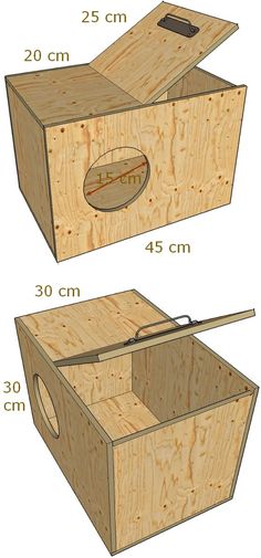 two wooden boxes are shown with measurements