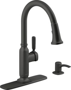 a black faucet with two handles and nozzles on the side, is shown