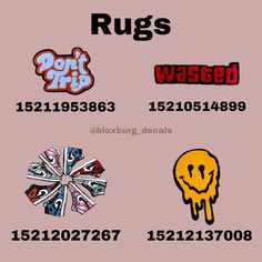 various stickers are shown on a pink background with the words, rugs, wasted and