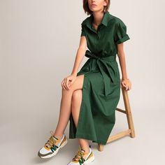 Cotton flared midaxi shirt dress with short sleeves , dark green, La Redoute Collections | La Redoute Casual Chique Stijl, Chique Outfit, Summer 2025, Cotton Shirt Dress, Midi Shirt Dress, Style Summer, Knee Length Dresses, Look Chic