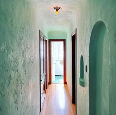 a long hallway with green walls and wood flooring is seen in this image from the front door