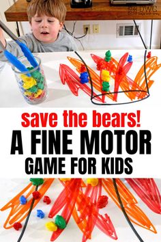 a young boy playing with some toys on the table and text overlay reads save the bears a fine motor game for kids