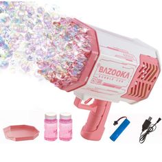 a pink blow dryer filled with lots of beads