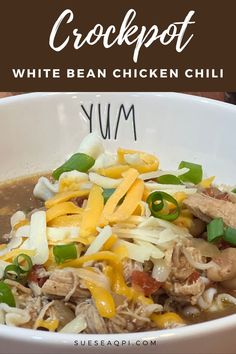 Real food, real results! This Slow Cooker White Bean Chicken Chili is a healthy, comforting dinner that’s packed with protein and creamy white beans. Say goodbye to fast food and hello to a flavorful meal that helps you feel great and stay energized. Recipe on SueseaQPI.com. Crockpot White Bean Chicken Chili, Mild Chili Recipe, White Bean Chicken Chili Crockpot, Comforting Dinner