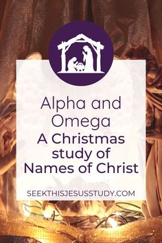 a nativity scene with the birth of jesus in purple and gold text overlay