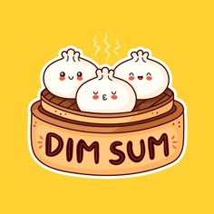 three dumplings sitting in a bowl with the word dim sum written on it