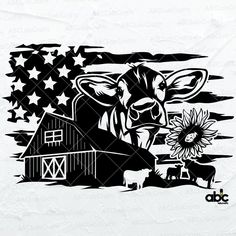 a cow and barn with an american flag in the background, on a white paper