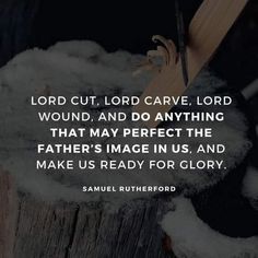 a wooden stump with the words lord cut, lord carved, wound, and do anything that may perfect the father's image in us, and make us ready for glory