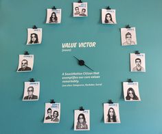 a clock made out of photos with the words value victory written on it and people's faces