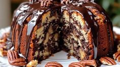 a cake with chocolate frosting and pecans on top