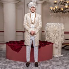 open_front_white_sherwani White Ceremonial Sherwani For Eid, White Ceremonial Bandhgala For Eid, White Cutdana Sherwani For Reception, White Ceremonial Bandhgala For Festivals, White Bandhgala For Ceremonial Festivals, White Cutdana Bandhgala For Formal Occasions, White Cutdana Bandhgala For Formal Events, Ceremonial White Naqshi Nehru Jacket, Gold Traditional Wear With Naqshi For Reception