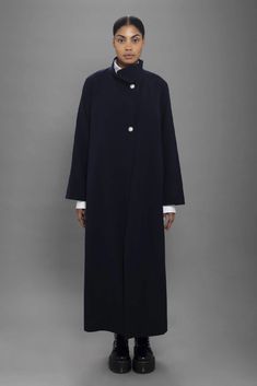 #coat– NOT JUST A LABEL Elegant Navy Outerwear With Button Cuffs, Elegant Navy Long Peacoat, Elegant Navy Wool Coat, Elegant Blue Outerwear With Stand Collar, Elegant Navy Long Coat, Elegant Long Winter Abaya, Elegant Oversized Abaya, Elegant Long Abaya With Button Closure, Elegant Oversized Long Sleeve Cape