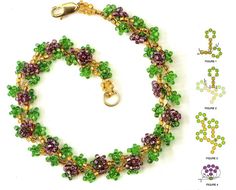 a beaded bracelet with green and purple beads on a white background, next to the instructions for how to make it