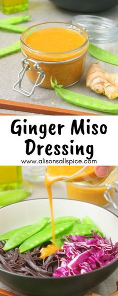 ginger miso dressing being poured into a bowl