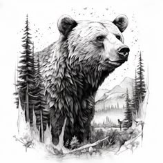 Bear Tattoo - a captivating work of unique art Black Bear Tattoo, Scene Tattoo, Bear Sketch, Woodland Animal Art, Geometric Bear, Geek Tattoo, Sketch Tattoo Design