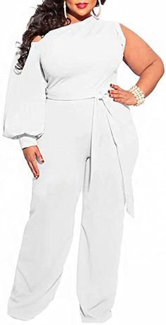 Add a touch of sophistication to your wardrobe with the Vodacious White One Shoulder Jumpsuit. The one shoulder design and belted waist flatter any figure, while the zipper closure adds a modern edge. Perfect for any occasion, this jumpsuit will make you feel confident and stylish! The material is soft and stretchy and it is very comfortable. Give you confidence when wear them. Plus size, long sleeve, off shoulder jumper, soild color, long pants, wide leg, palazzo, back zipper, adjustable tie wa Off Shoulder Jumper, Women Overalls, Overalls For Women, Club Outfits For Women, One Shoulder Jumpsuit, Plus Size Romper, Winter Knit Hats, Plus Size Jumpsuit, Shoulder Design