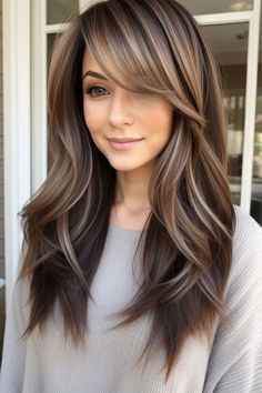 Explore the hottest dark caramel balayage styles of 2024 for a chic and stunning new look. Dive into top trends today! #CaramelBalayage2024 #SubtleBalayage #DarkHairGoals #FallBalayage #DimensionalHair #NaturalBalayage #BrunetteInspo #WarmHairTones #BalayageLovers #CaramelHighlights Medium Length Haircut For Fine Hair 2024, Hair Styles For Long Fine Hair, Professional Long Hairstyles For Work, Medium Long Length Hair With Layers, Side Part Bangs Long Hair, Feathered Hairstyles Long, Women’s Hair Cuts