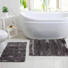 2 Piece Bath Rug Set Butter Chenille ULTRA SOFT: plush bath mats have chenille yarns the thick and soft pile soothes tired feet and makes you feel like you are on a cloud. Most of the time we are barefoot in the shower, especially in the fall and winter, it is more uncomfortable to step on the cold and hard floor, Color: Gray.  Pattern: stripe. Bath Mats Bathroom Rugs, Bathroom Rugs Bath Mats, Bath Rugs Sets, Hard Floor, Bath Mats, Bath Rug, Bath Rugs, In The Fall, The Shower