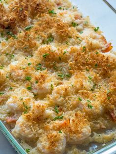 a casserole dish with shrimp and parmesan cheese