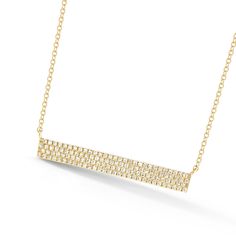 This chic necklace features a bar pendant embellished with diamonds. Perfect for everyday wear! -14K gold weighing 2.22 grams -118 round pave-set diamonds totaling 0.27 carats. Available in yellow, white, & rose gold. Please allow 4-6 weeks for delivery if item is not in stock. Style number N10348 Diamond Monogram, Diamond Signet Ring, Elephant Pendant Necklace, Diamond Heart Pendant Necklace, Diamond Evil Eye, Bezel Necklace, Rainbow Gemstones, Chic Necklace