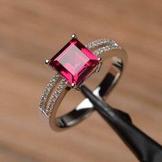 lab ruby ring engagement wedding ring square cut sterling silver ring red gemstone July birthstone r Ruby Solitaire Ring Engagement, Ruby Ring Designs, Ruby Solitaire Ring, Red Gemstone Ring, 1950s Jewelry, July Birthstone Ring, January Birthstone Rings, Garnet Engagement Ring, Dark Wedding