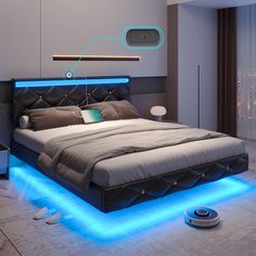 a bed that has some lights on it