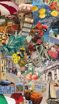 a collage of many different pictures including buildings, flowers and fruit in the foreground