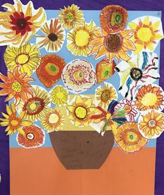 an art project with flowers in a vase on a purple and orange background that is made out of construction paper