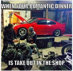 two people sitting in front of a car with the caption, when your romantic dinner is take out in the shop