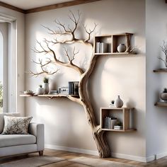 a living room filled with furniture and a tree shaped book shelf next to a window