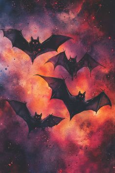 three bats flying in the sky with stars and space behind them on a colorful background