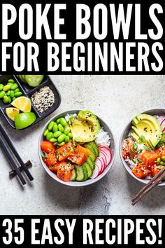 two bowls filled with different types of food next to chopsticks and lime wedges