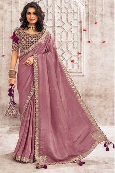 Gota Patti Embroidery, Gorgeous Saree, Organza Fabric, Wine Colored, Embroidered Silk, Pink Fabric, Silk Blouse