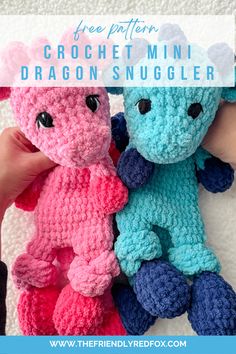 two crochet mini dragon snugglers are shown with text overlay that says free pattern