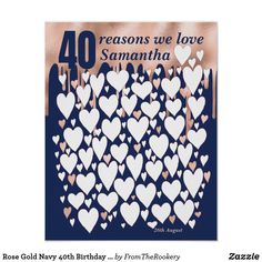 an anniversary card with hearts and the words 40 reasones we love in white on a blue background