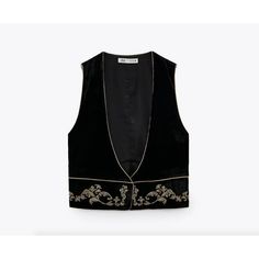 Zara Black And Gold Trim Velvet Waistcoat/Vest Size:S New With Tag Cropped And Oversized Velvet Waistcoat, Pagan Fashion, Embroidered Vest, Velvet Vest, Embroidered Velvet, Zara Top, Sweater Tank Top, Round Neck Tops, Zara Jackets