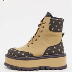 Brand New, Uk Size 5, Which Is Equivalent To U.S Size 7, I’m A U.S. Size 7.5-8, My Foot Fits Inside These But They’re Way Too Small . Cute, Chunky, Combat Boots Koi Shoes, Chunky Combat Boots, Koi Footwear, Chunky Ankle Boots, Moto Boots, Tan Brown, Koi, Combat Boots, Ankle Boots