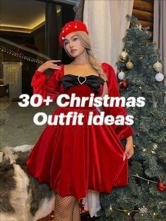 a woman in a red dress standing next to a christmas tree with the words 30 + christmas outfit ideas