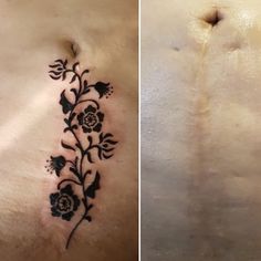 before and after photos of a tattoo on the stomach