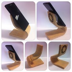 four different views of a cell phone on a wooden stand with various angles and shapes