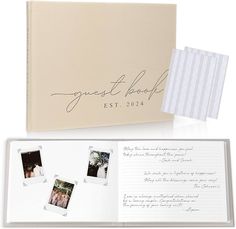 the wedding album is open and has photos on it, along with a notepad