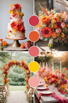 an assortment of colorful flowers and candles are arranged on the table for a wedding ceremony