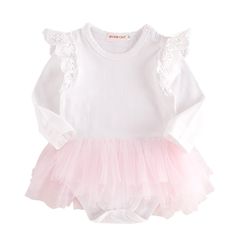 Size: 3-6 Months, 6-12 Months, 12-18 Months, 18-24 Months Material: Cotton Care: Machine Wash White Long Sleeve Tops For Baptism, White Long Sleeve Playwear For Babies, Spring Long Sleeve Tops For Baptism, Spring Baptism Long Sleeve Tops, Spring White Playwear For Babies, Cotton Tops For Baptism In Spring, Kimono Onesie, Pink Overalls, Tulle Tutu Skirt