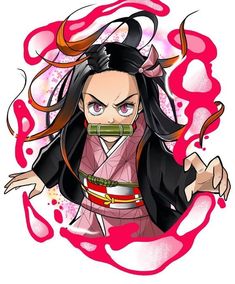 an anime character with long black hair and red eyes