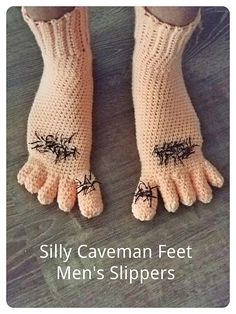 the legs and feet of a person wearing knitted slippers with barbed wire on them